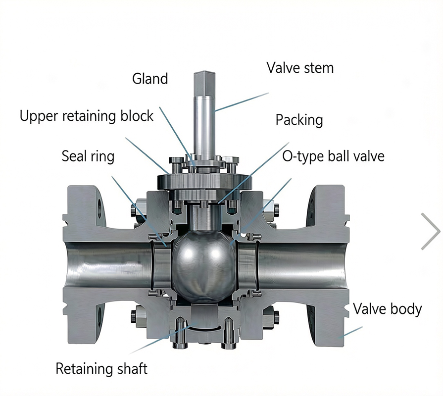 Internal cross-section view of an O-port ball valve showing valve body, ball, seat, and stem assembly.
