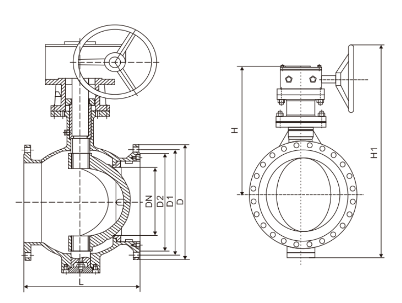 Cross-section structural engineering drawing showing the straight-through anti-clogging path and dimensions of Vodex double eccentric valve.