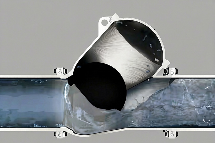 Internal structure diagram of ball check valve showing ball resting on seat for backflow prevention

