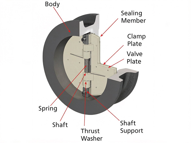 Structure diagram of dual plate wafer check valve showing two spring-loaded plates in open position

