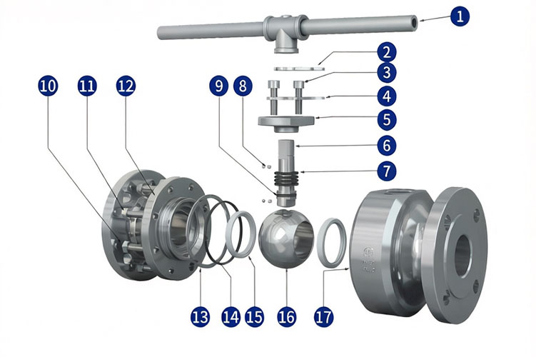 Exploded view of forged steel floating ball valve with A105 body showing ball, seat, stem, and packing components