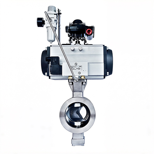 motorized V-port ball valve assembly featuring a rugged flanged carbon steel body and a top-mounted quarter-turn electric actuator