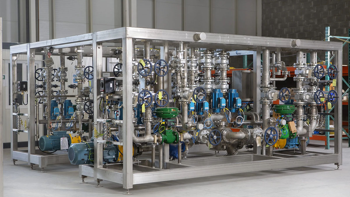 Industrial piping skid showing various manual handwheel valves and pneumatic control valves matching P&ID layouts