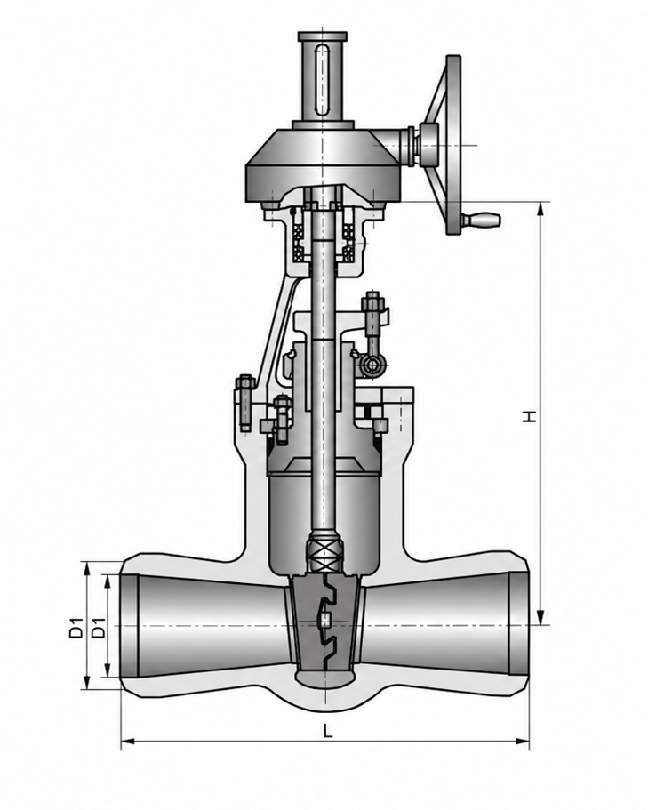 Cross section structure drawing and butt-welding bevel dimensions of ASME standard high pressure gate valve