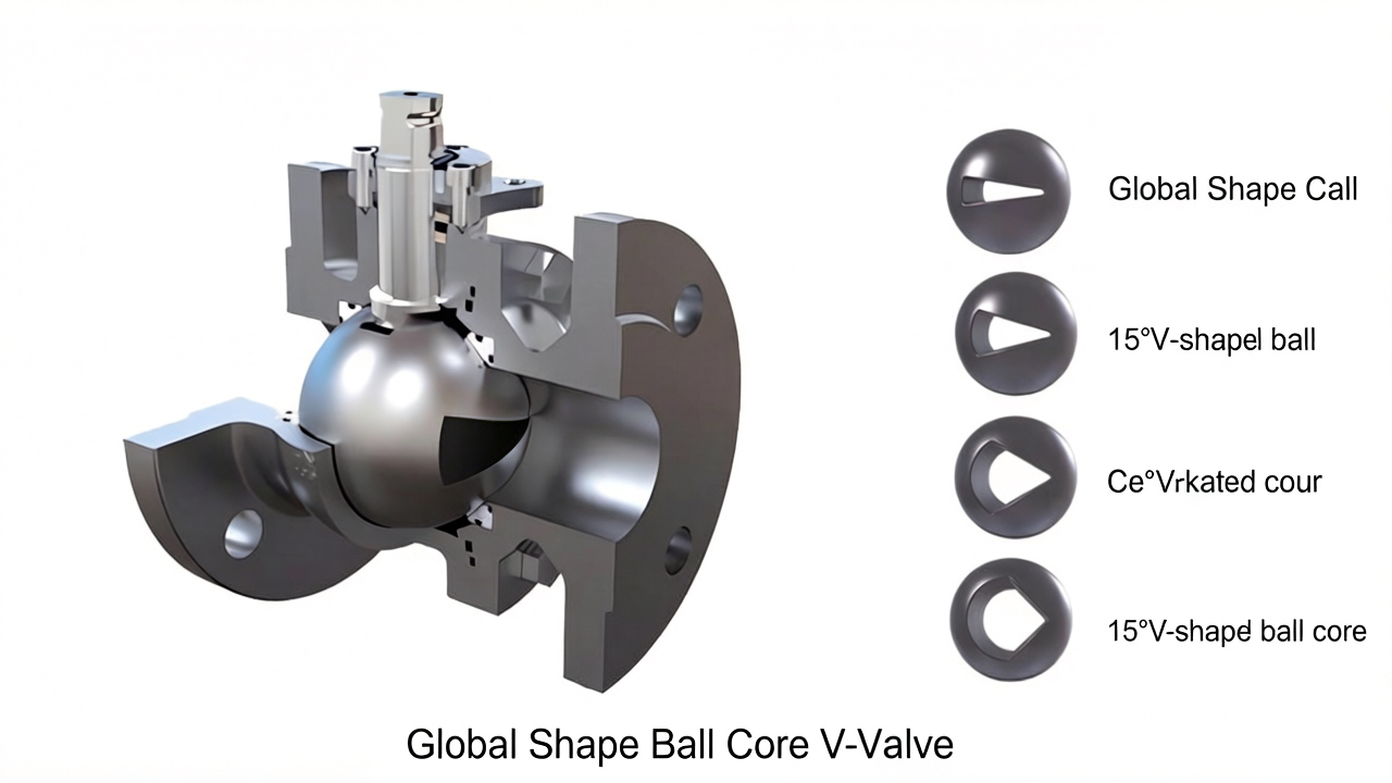 Technical diagram showing a solid, full-sphere valve ball with a machined V-shaped notch, illustrating its high-pressure flow alignment with the valve seat.