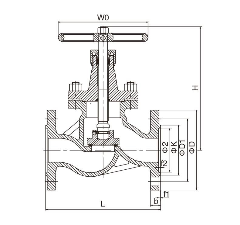 Detailed engineering blueprint and technical schematic drawing of Vodex J41B flanged ammonia globe valve with back sealing structural dimensions.