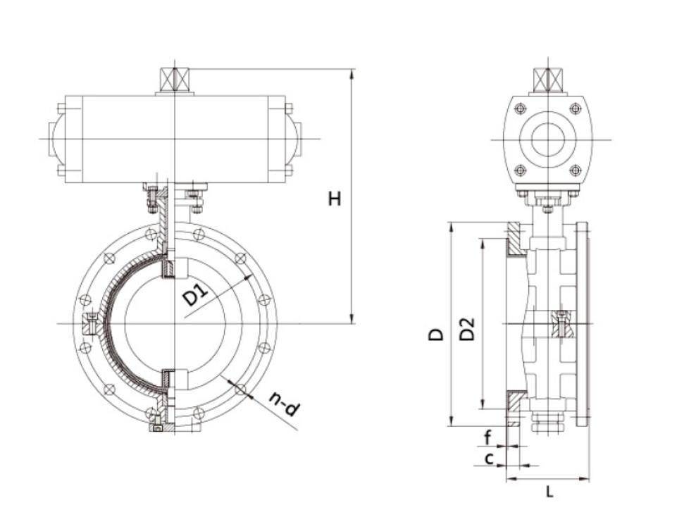 Schematic Structure Blueprint and Dimensions of VODEX Pneumatic Lined Butterfly Valve