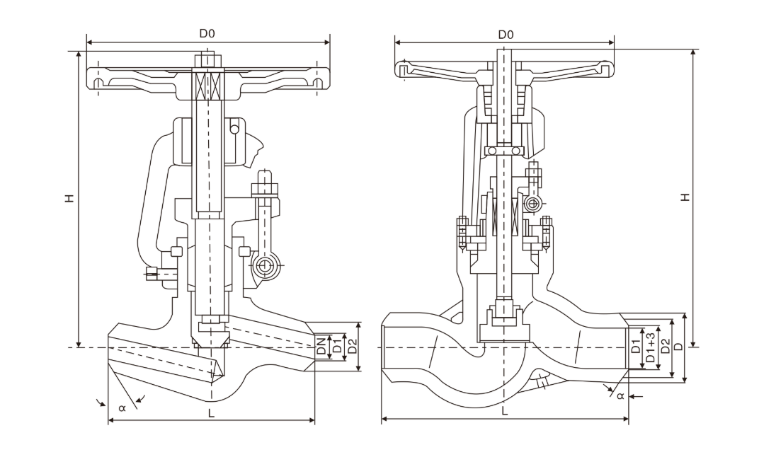 Cross section structure drawing and pressure seal bonnet construction design of VODEX welded-ends power plant globe valve.