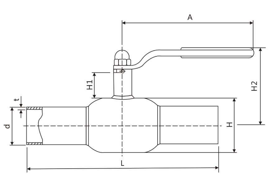 engineering drawing and dimensions of Vodex compact fully welded ball valve showing leak-free welding configurations