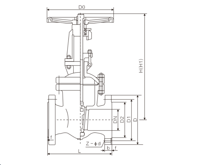 Internal structure drawing of Z41Y wedge gate valve showing hard alloy sealing face and flexible graphite packing