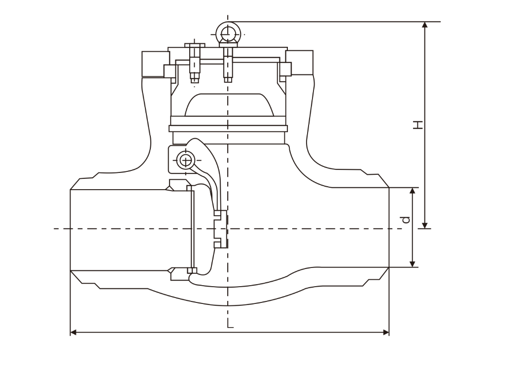 Detailed internal structure and swing-arm mechanism drawing of VODEX high-pressure swing check valve.